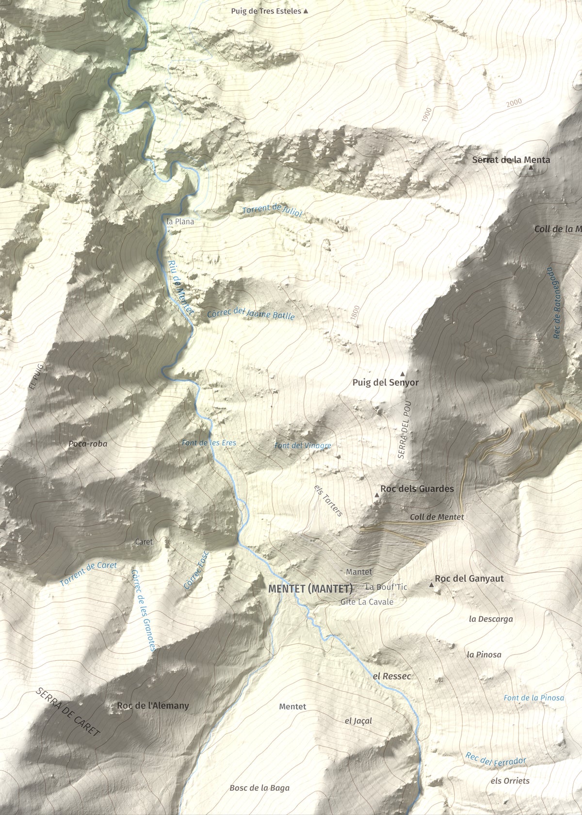 Mapa de relieve de Puig de les Tres Esteles, 2099 m, Conflent, lámina 100 Cims de Trobart. Detalle de la zona inferior izquierda. 50 × 70 cm.