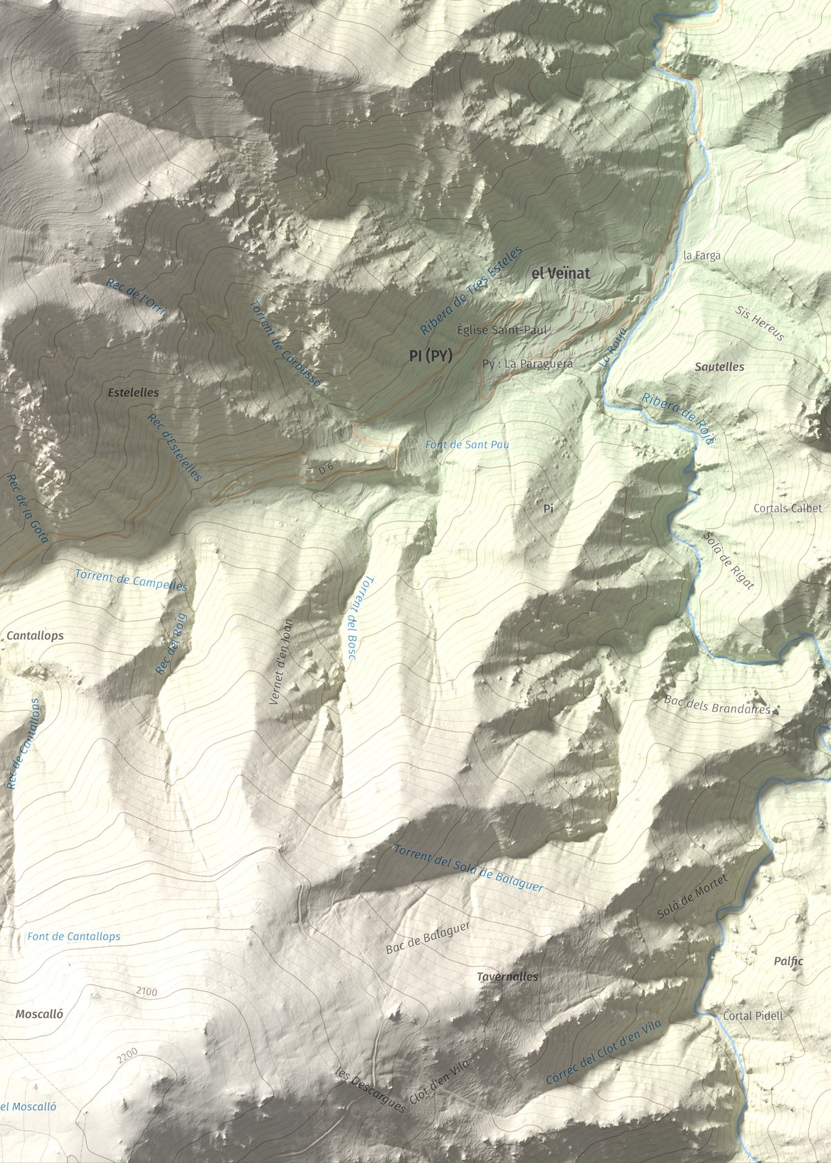 Mapa de relieve de Puig de les Tres Esteles, 2099 m, Conflent, lámina 100 Cims de Trobart. Detalle de la zona inferior derecha. 50 × 70 cm.