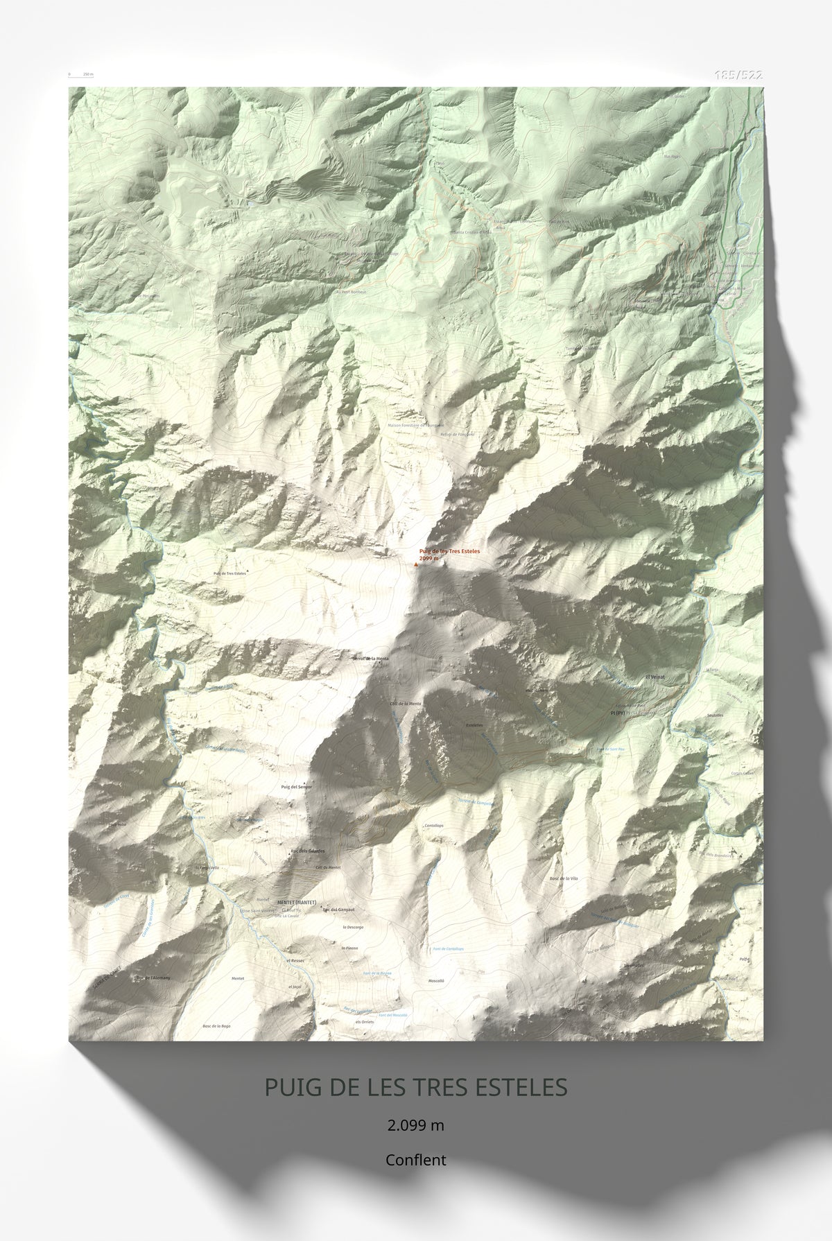 Mapa de relieve de Puig de les Tres Esteles, 2099 m, Conflent, lámina 100 Cims de Trobart 61 × 91 cm.