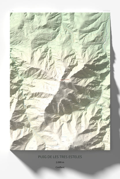 Mapa de relieve de Puig de les Tres Esteles, 2099 m, Conflent, lámina 100 Cims de Trobart 61 × 91 cm.