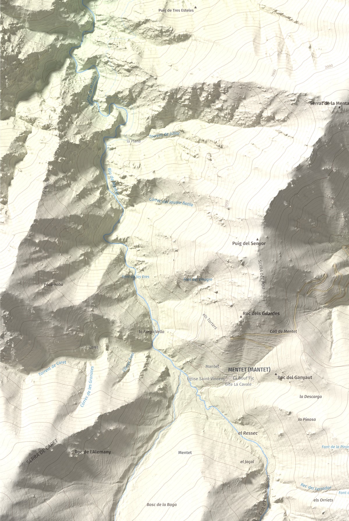 Mapa de relieve de Puig de les Tres Esteles, 2099 m, Conflent, lámina 100 Cims de Trobart. Detalle de la zona inferior izquierda. 61 × 91 cm.