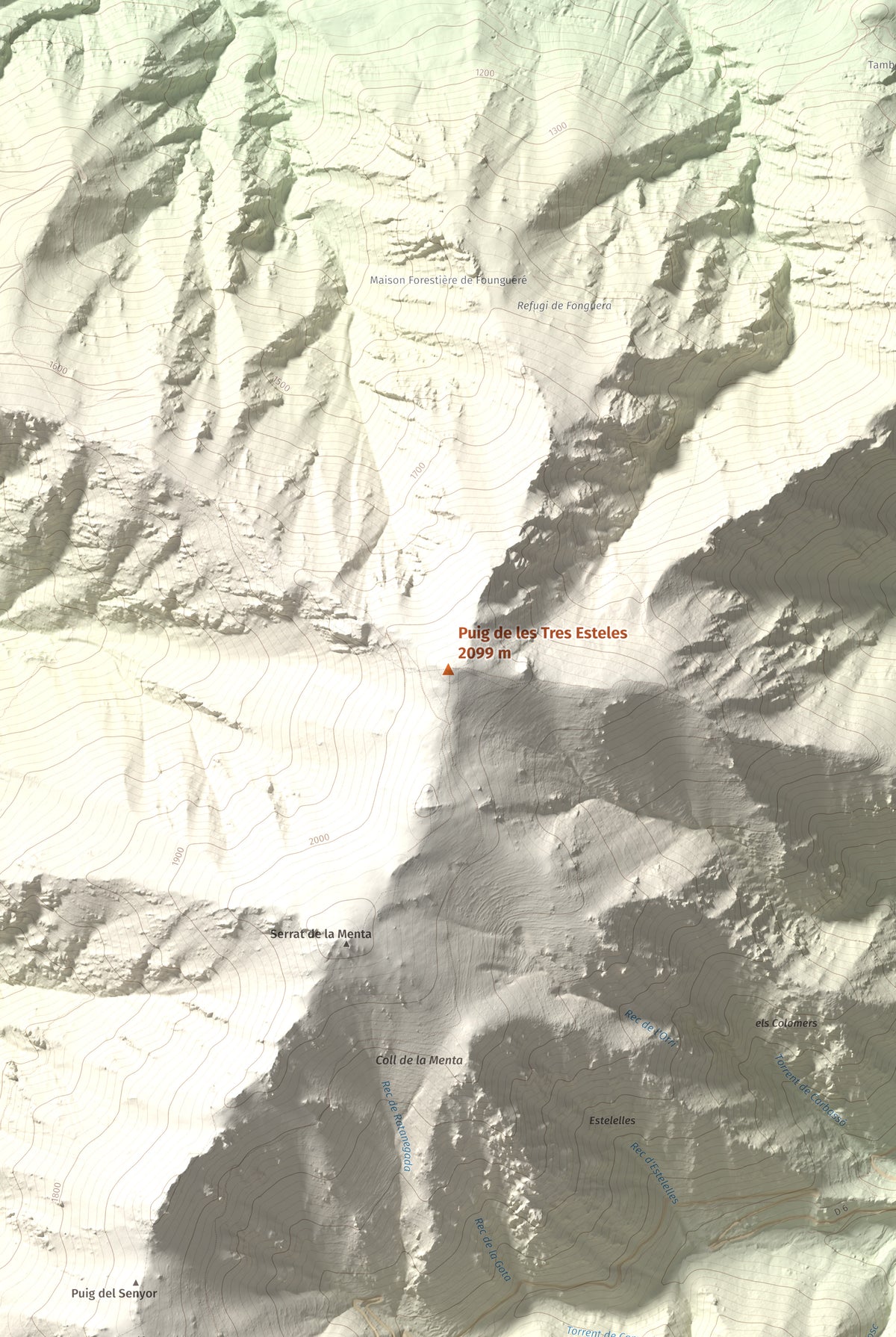 Mapa de relieve de Puig de les Tres Esteles, 2099 m, Conflent, lámina 100 Cims de Trobart. Detalle de la zona central. 61 × 91 cm.