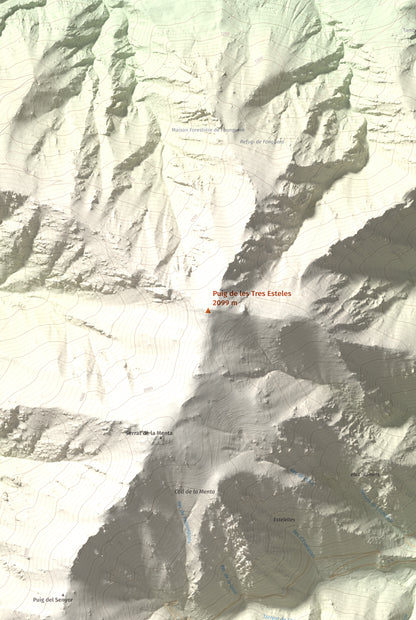 Mapa de relieve de Puig de les Tres Esteles, 2099 m, Conflent, lámina 100 Cims de Trobart. Detalle de la zona central. 61 × 91 cm.