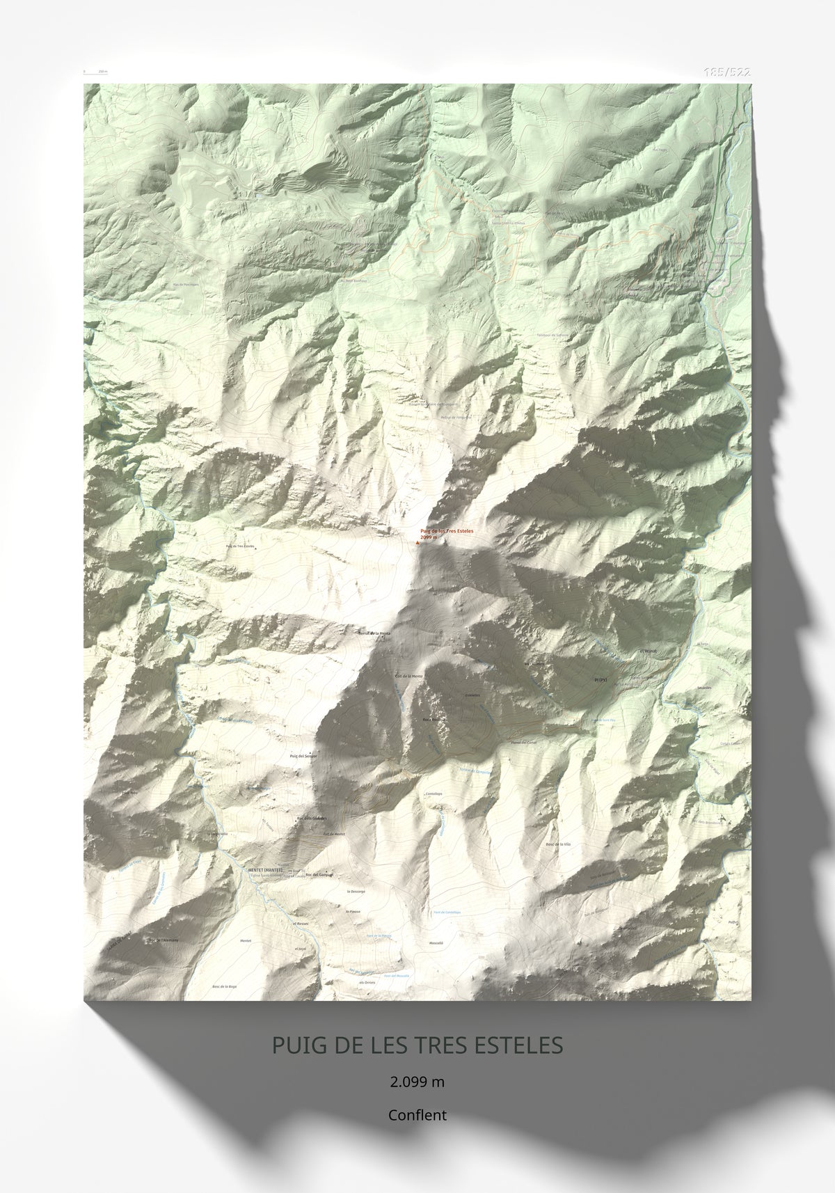 Mapa de relieve de Puig de les Tres Esteles, 2099 m, Conflent, lámina 100 Cims de Trobart 70 × 100 cm.