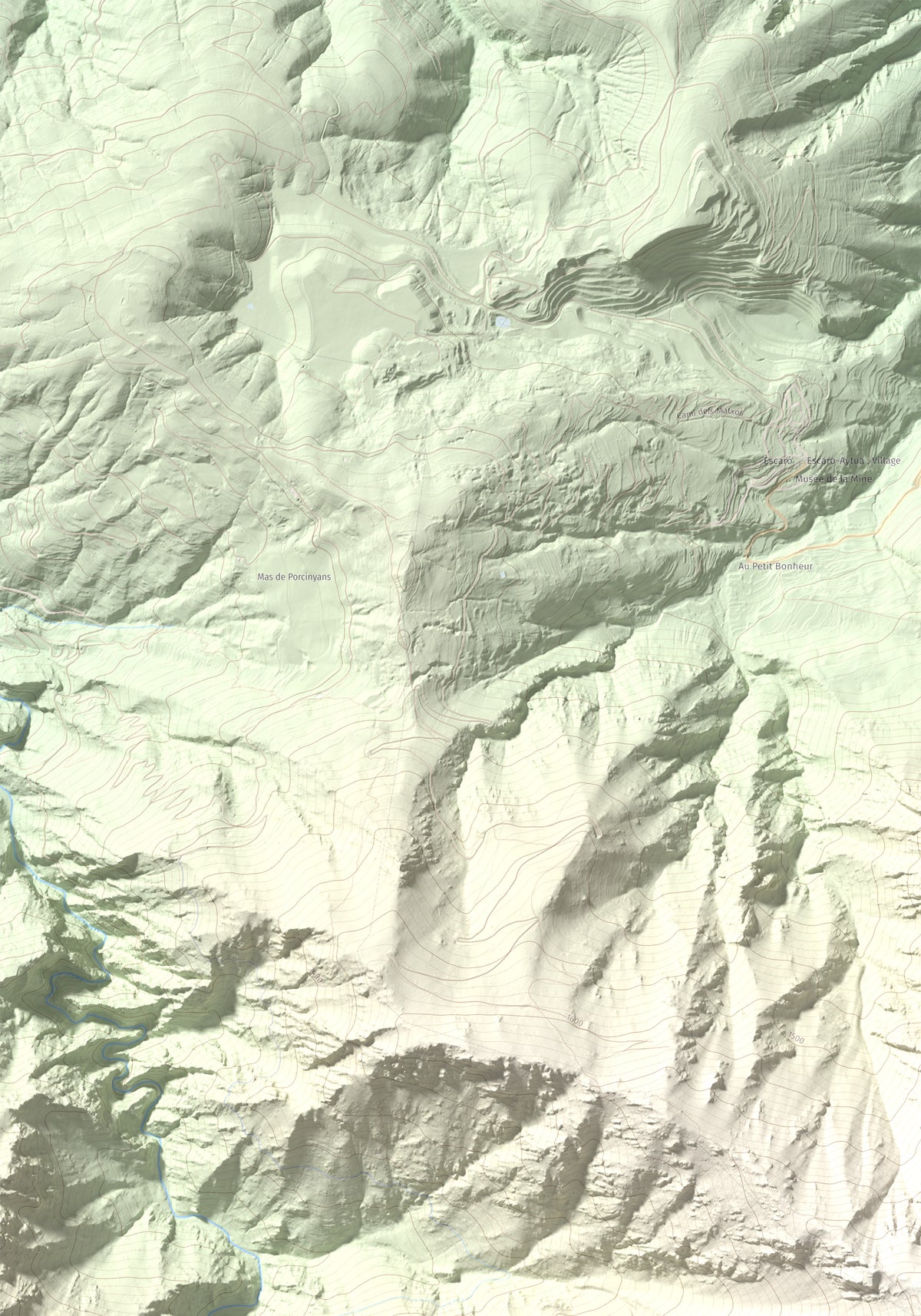 Mapa de relieve de Puig de les Tres Esteles, 2099 m, Conflent, lámina 100 Cims de Trobart. Detalle de la zona superior izquierda. 70 × 100 cm.