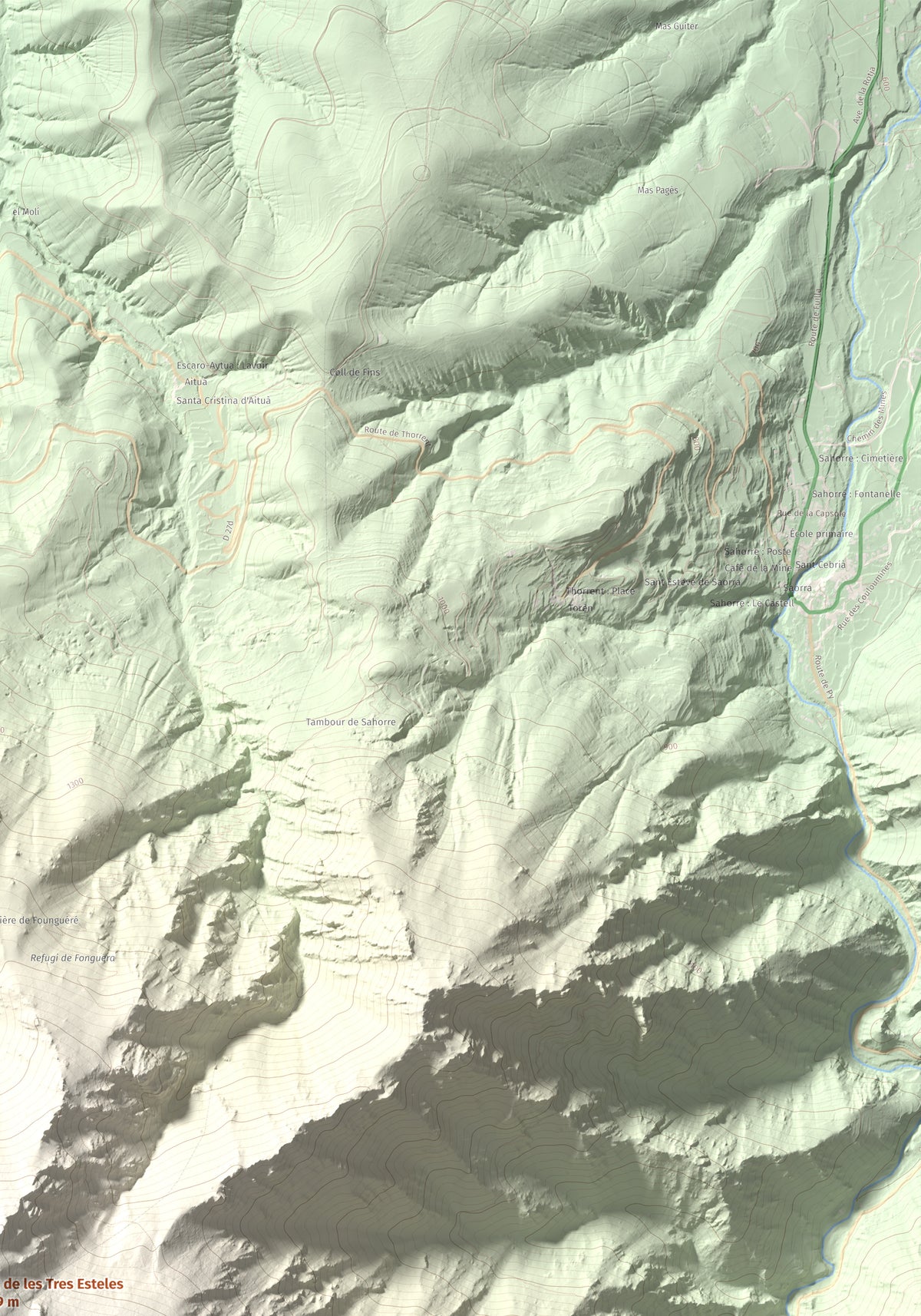 Mapa de relieve de Puig de les Tres Esteles, 2099 m, Conflent, lámina 100 Cims de Trobart. Detalle de la zona superior derecha. 70 × 100 cm.