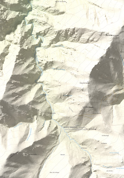 Mapa de relieve de Puig de les Tres Esteles, 2099 m, Conflent, lámina 100 Cims de Trobart. Detalle de la zona inferior izquierda. 70 × 100 cm.