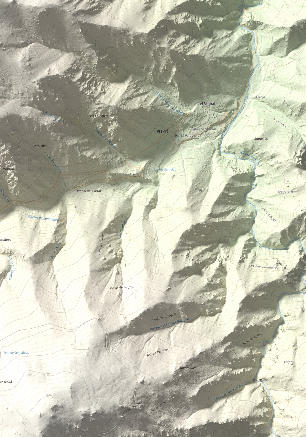Mapa de relieve de Puig de les Tres Esteles, 2099 m, Conflent, lámina 100 Cims de Trobart. Detalle de la zona inferior derecha. 70 × 100 cm.