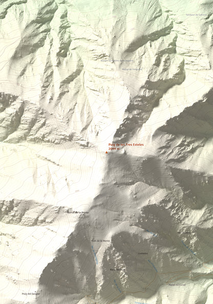 Mapa de relieve de Puig de les Tres Esteles, 2099 m, Conflent, lámina 100 Cims de Trobart. Detalle de la zona central. 70 × 100 cm.