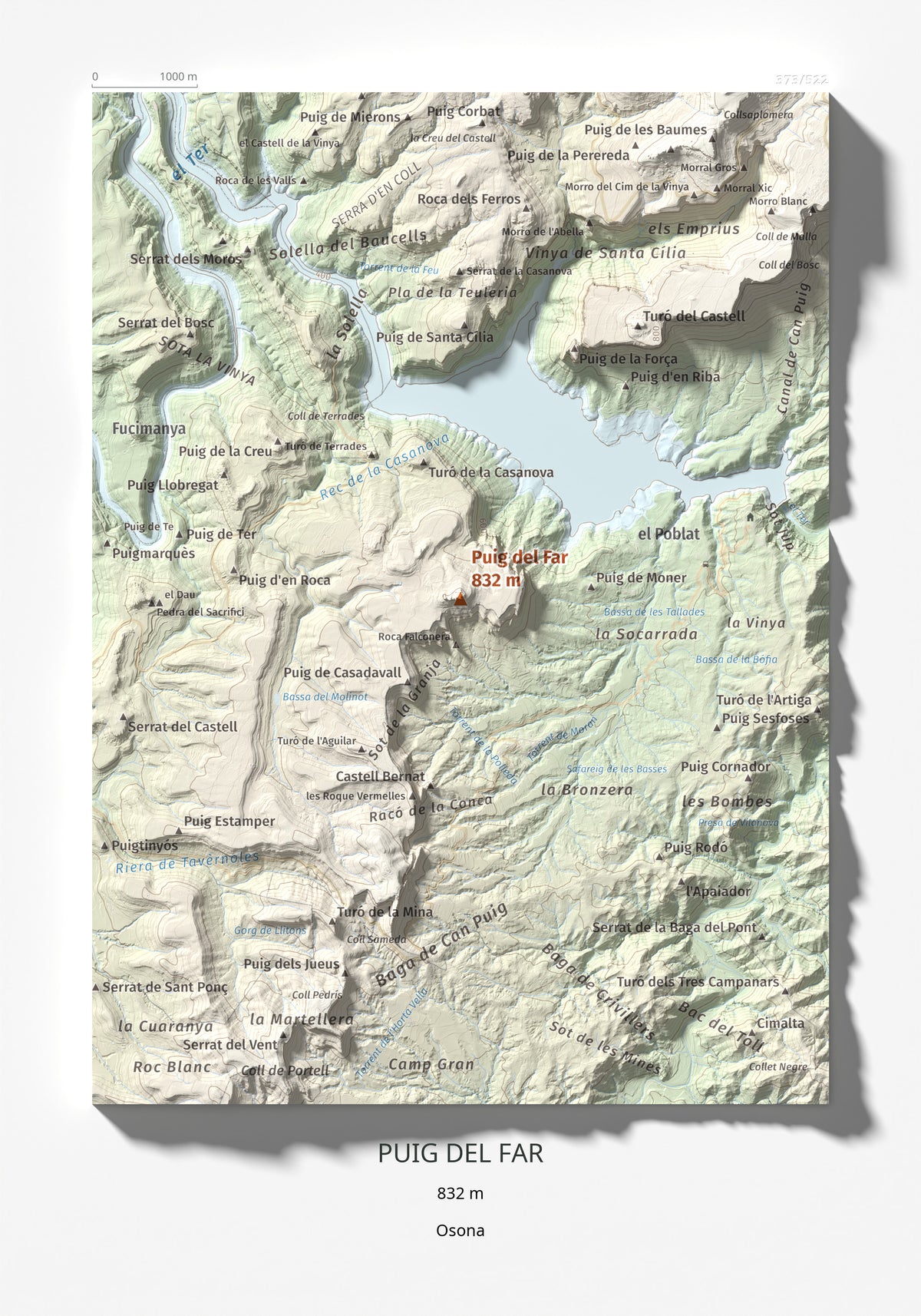 Mapa de relieve de Puig del Far, 832 m, Osona, lámina 100 Cims de Trobart 21 × 30 cm.