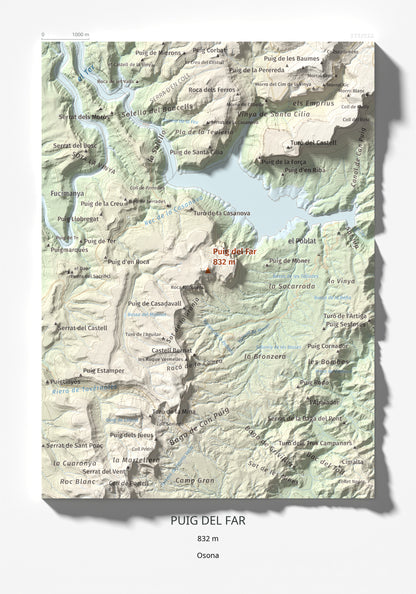 Mapa de relieve de Puig del Far, 832 m, Osona, lámina 100 Cims de Trobart 21 × 30 cm.