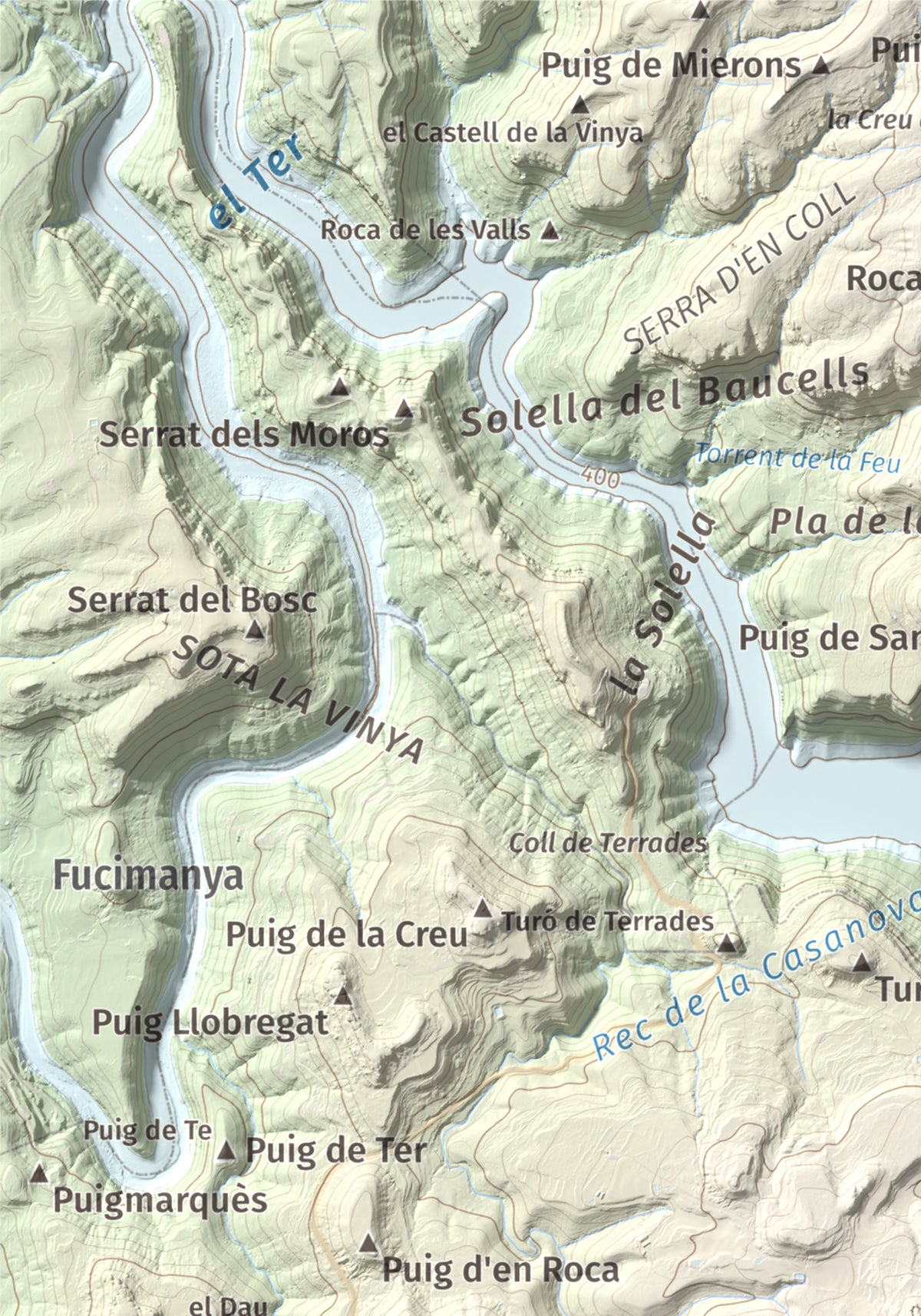 Mapa de relieve de Puig del Far, 832 m, Osona, lámina 100 Cims de Trobart. Detalle de la zona superior izquierda. 21 × 30 cm.