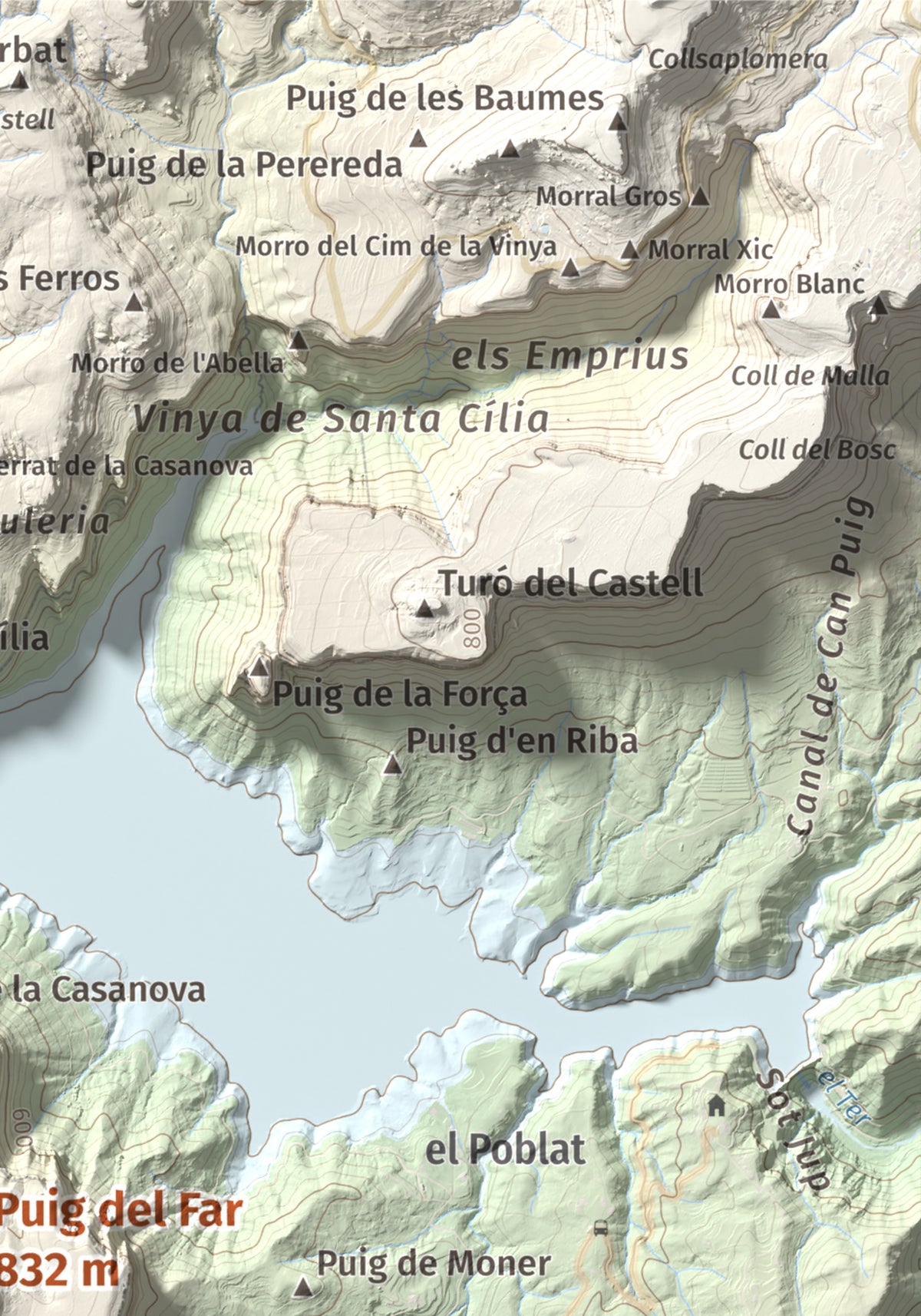 Mapa de relieve de Puig del Far, 832 m, Osona, lámina 100 Cims de Trobart. Detalle de la zona superior derecha. 21 × 30 cm.