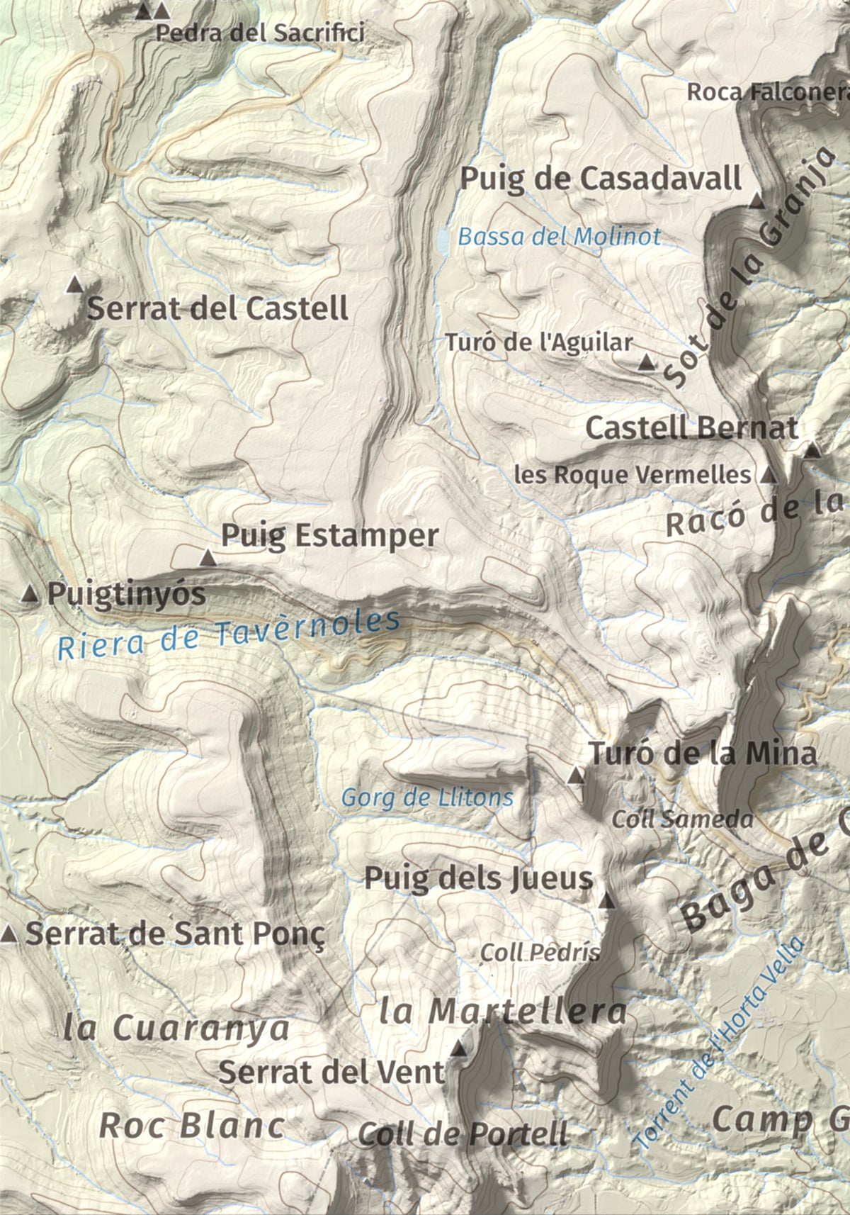 Mapa de relieve de Puig del Far, 832 m, Osona, lámina 100 Cims de Trobart. Detalle de la zona inferior izquierda. 21 × 30 cm.