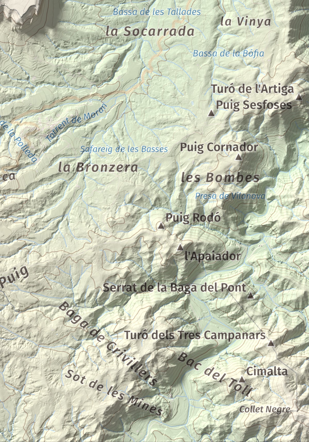 Mapa de relieve de Puig del Far, 832 m, Osona, lámina 100 Cims de Trobart. Detalle de la zona inferior derecha. 21 × 30 cm.