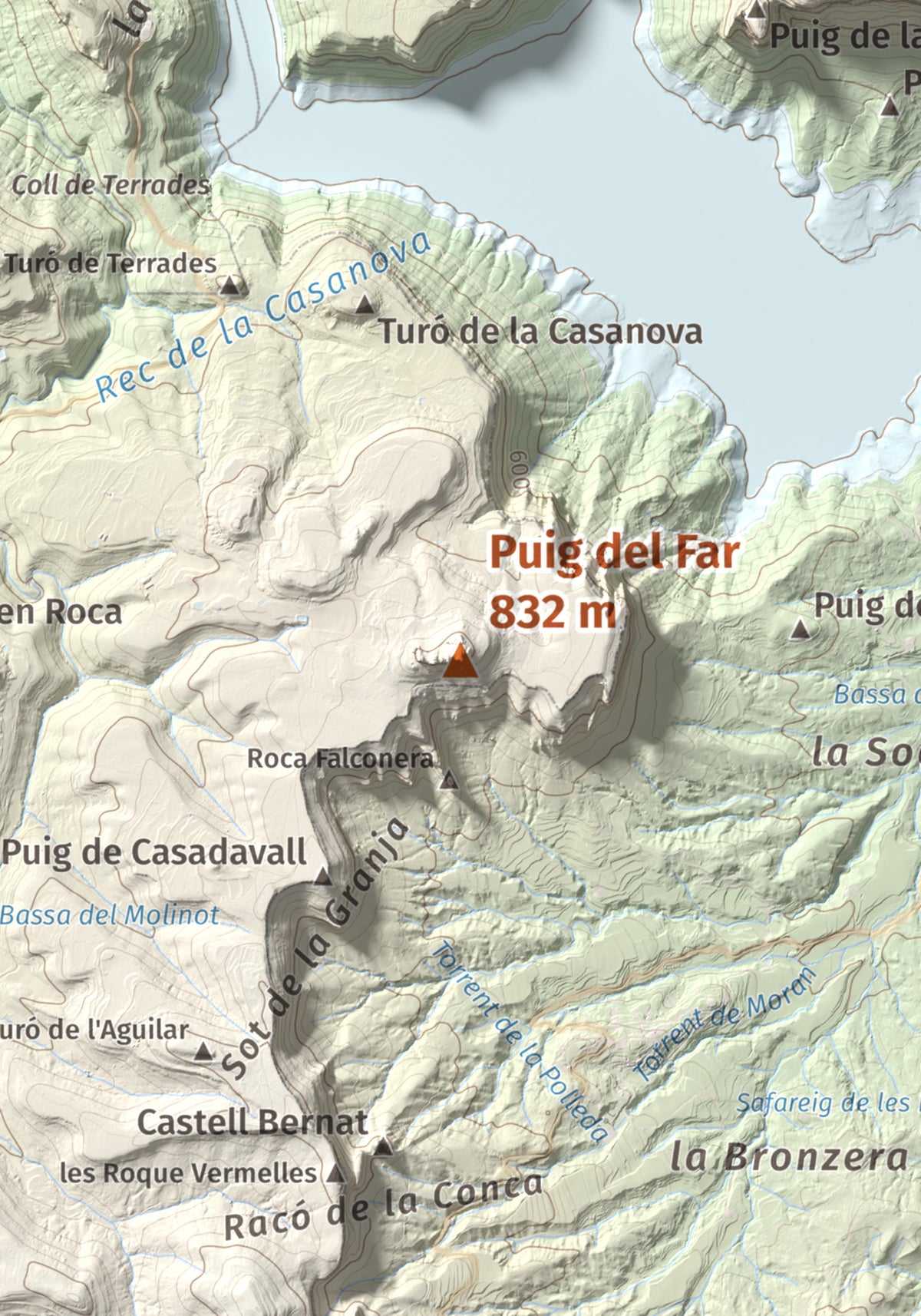 Mapa de relieve de Puig del Far, 832 m, Osona, lámina 100 Cims de Trobart. Detalle de la zona central. 21 × 30 cm.
