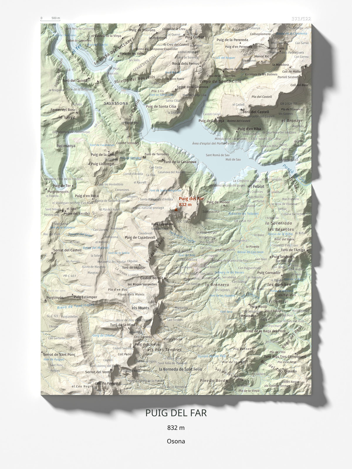 Mapa de relieve de Puig del Far, 832 m, Osona, lámina 100 Cims de Trobart 30 × 40 cm.