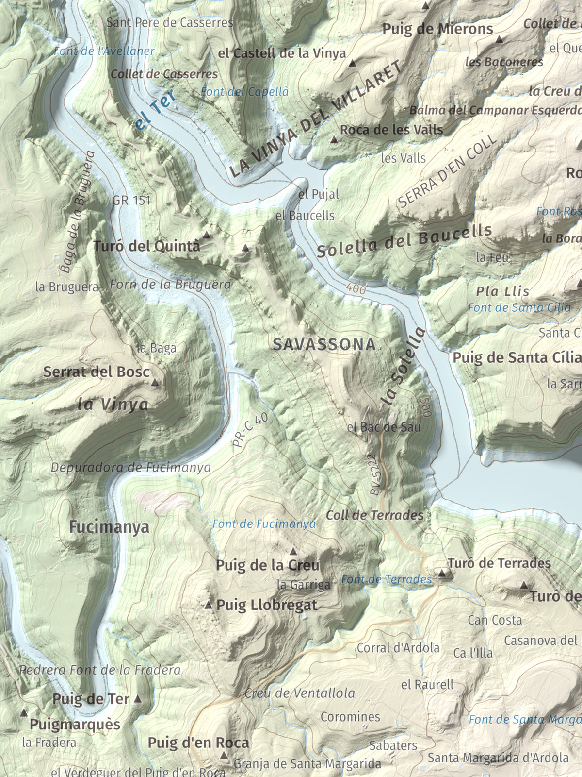 Mapa de relieve de Puig del Far, 832 m, Osona, lámina 100 Cims de Trobart. Detalle de la zona superior izquierda. 30 × 40 cm.