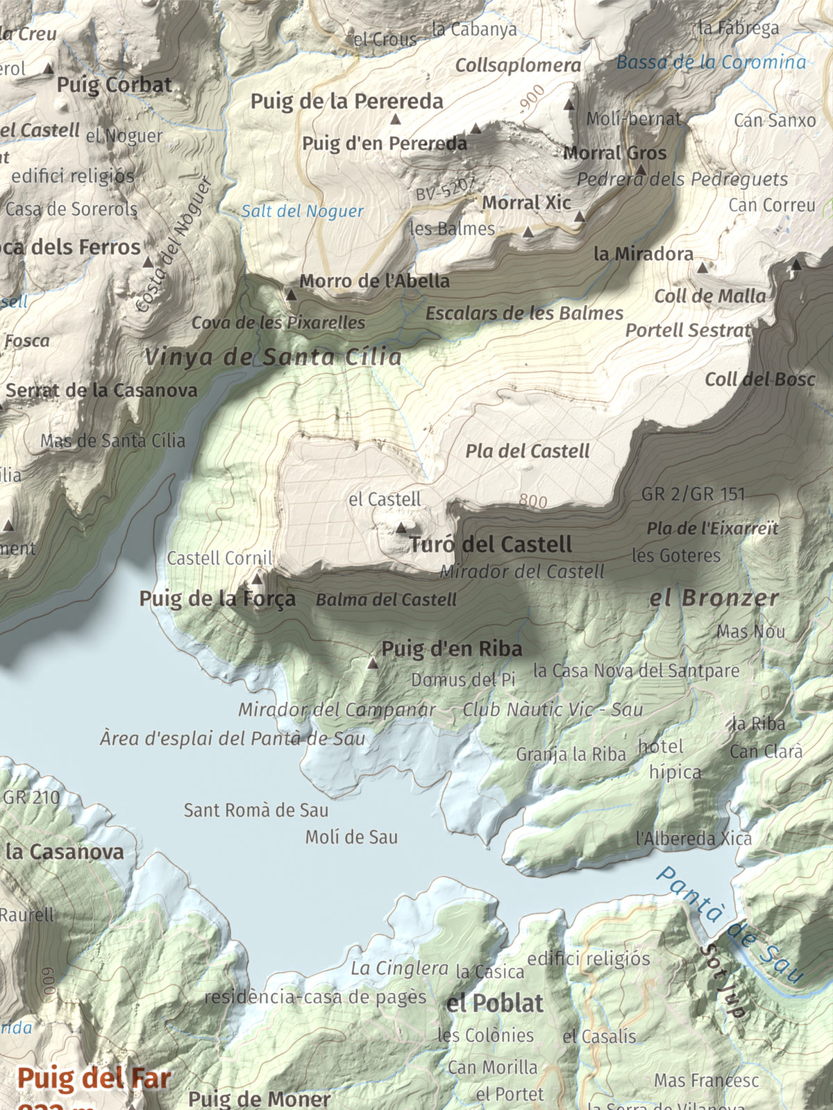 Mapa de relieve de Puig del Far, 832 m, Osona, lámina 100 Cims de Trobart. Detalle de la zona superior derecha. 30 × 40 cm.