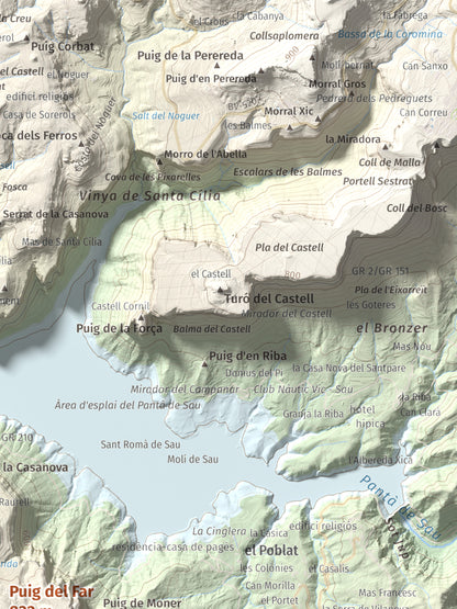 Mapa de relieve de Puig del Far, 832 m, Osona, lámina 100 Cims de Trobart. Detalle de la zona superior derecha. 30 × 40 cm.