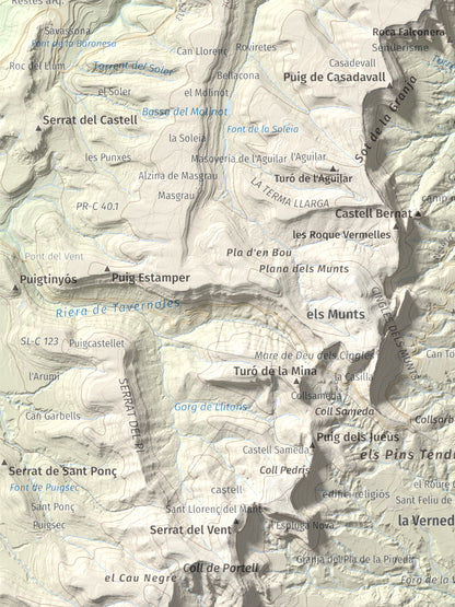 Mapa de relieve de Puig del Far, 832 m, Osona, lámina 100 Cims de Trobart. Detalle de la zona inferior izquierda. 30 × 40 cm.
