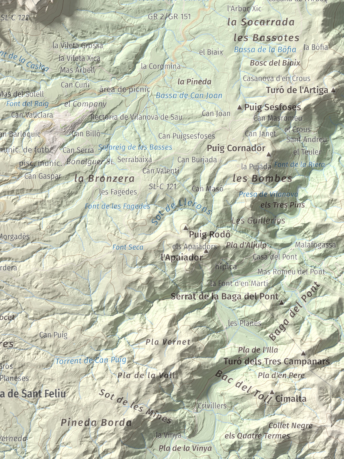 Mapa de relieve de Puig del Far, 832 m, Osona, lámina 100 Cims de Trobart. Detalle de la zona inferior derecha. 30 × 40 cm.