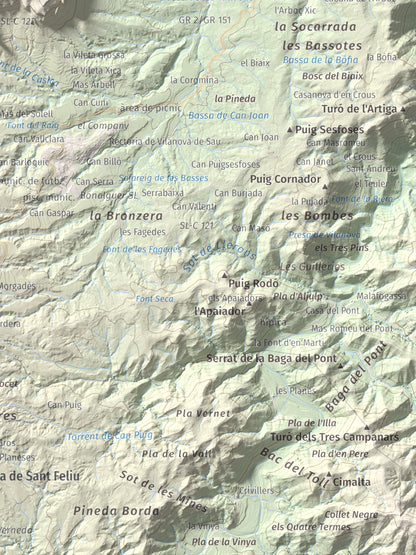 Mapa de relieve de Puig del Far, 832 m, Osona, lámina 100 Cims de Trobart. Detalle de la zona inferior derecha. 30 × 40 cm.
