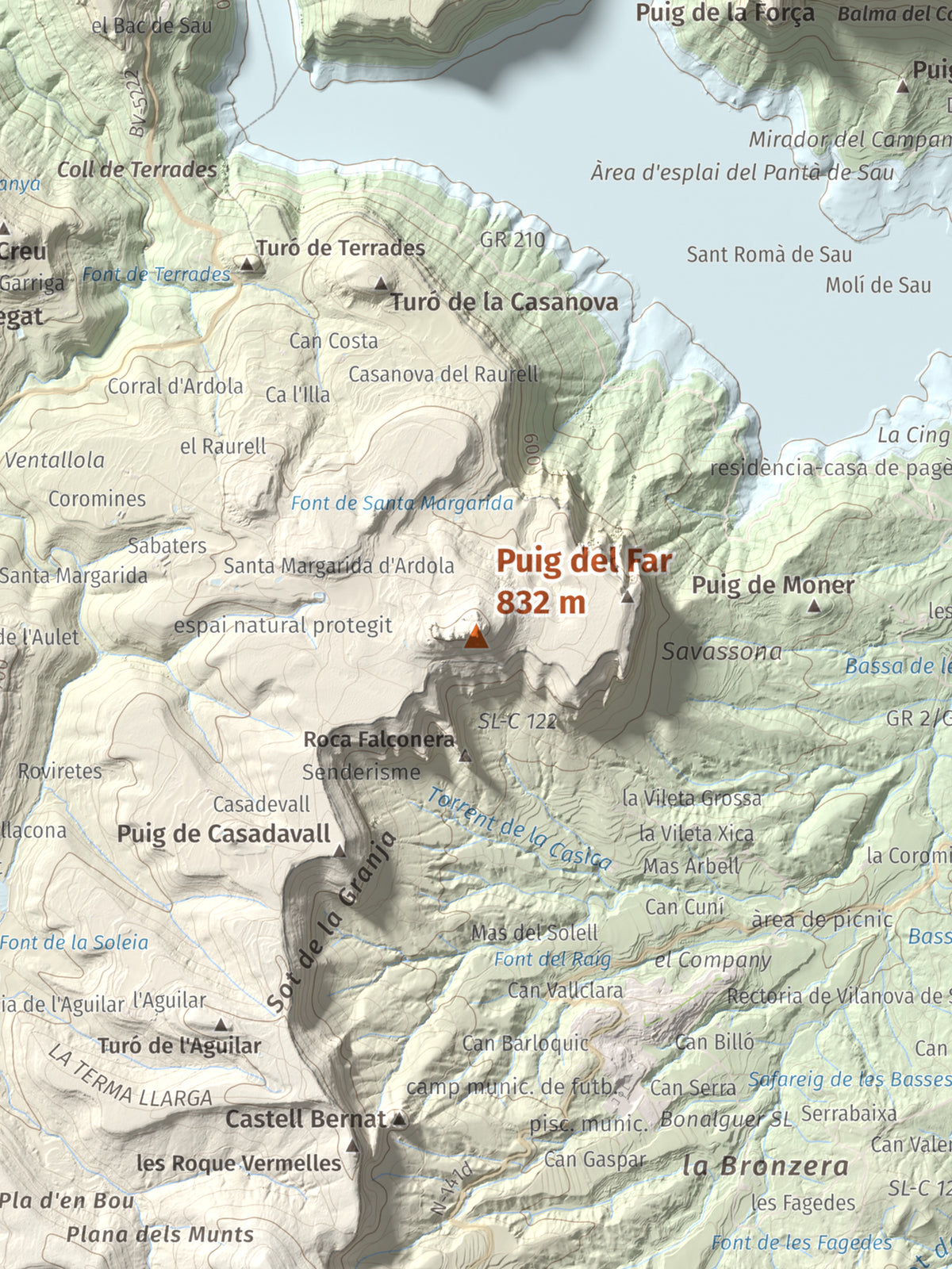 Mapa de relieve de Puig del Far, 832 m, Osona, lámina 100 Cims de Trobart. Detalle de la zona central. 30 × 40 cm.