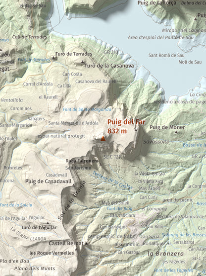 Mapa de relieve de Puig del Far, 832 m, Osona, lámina 100 Cims de Trobart. Detalle de la zona central. 30 × 40 cm.