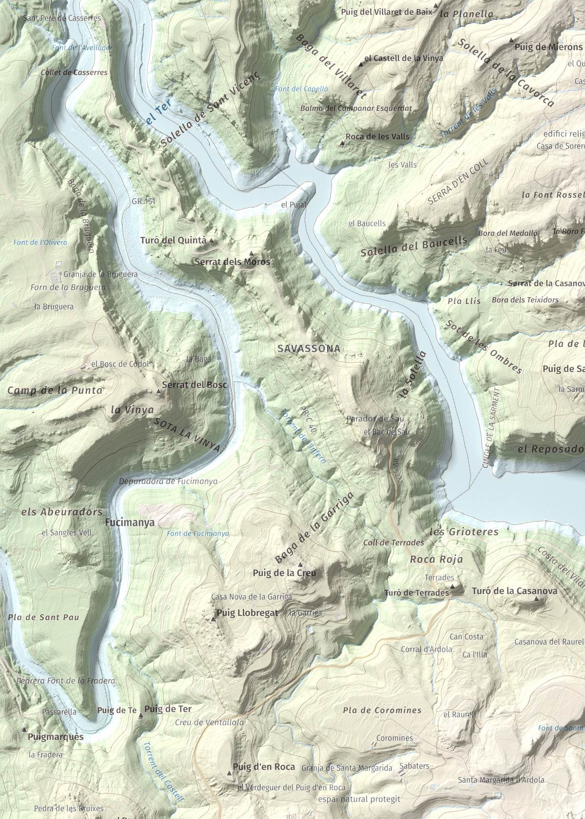 Mapa de relieve de Puig del Far, 832 m, Osona, lámina 100 Cims de Trobart. Detalle de la zona superior izquierda. 50 × 70 cm.