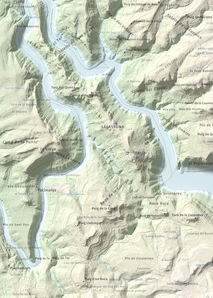 Mapa de relieve de Puig del Far, 832 m, Osona, lámina 100 Cims de Trobart. Detalle de la zona superior izquierda. 50 × 70 cm.