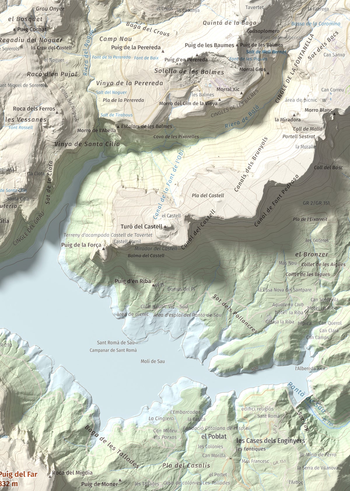 Mapa de relieve de Puig del Far, 832 m, Osona, lámina 100 Cims de Trobart. Detalle de la zona superior derecha. 50 × 70 cm.