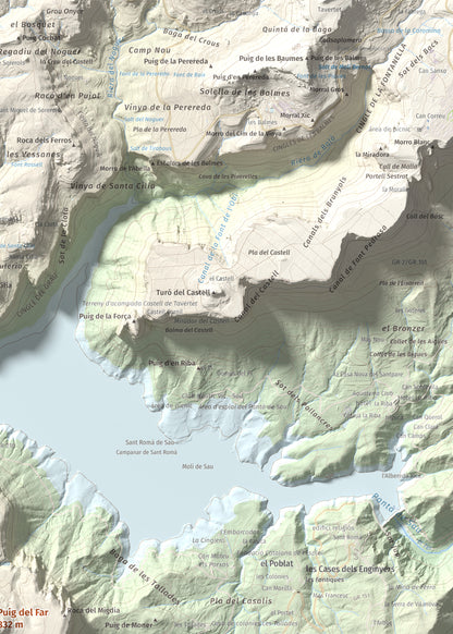 Mapa de relieve de Puig del Far, 832 m, Osona, lámina 100 Cims de Trobart. Detalle de la zona superior derecha. 50 × 70 cm.