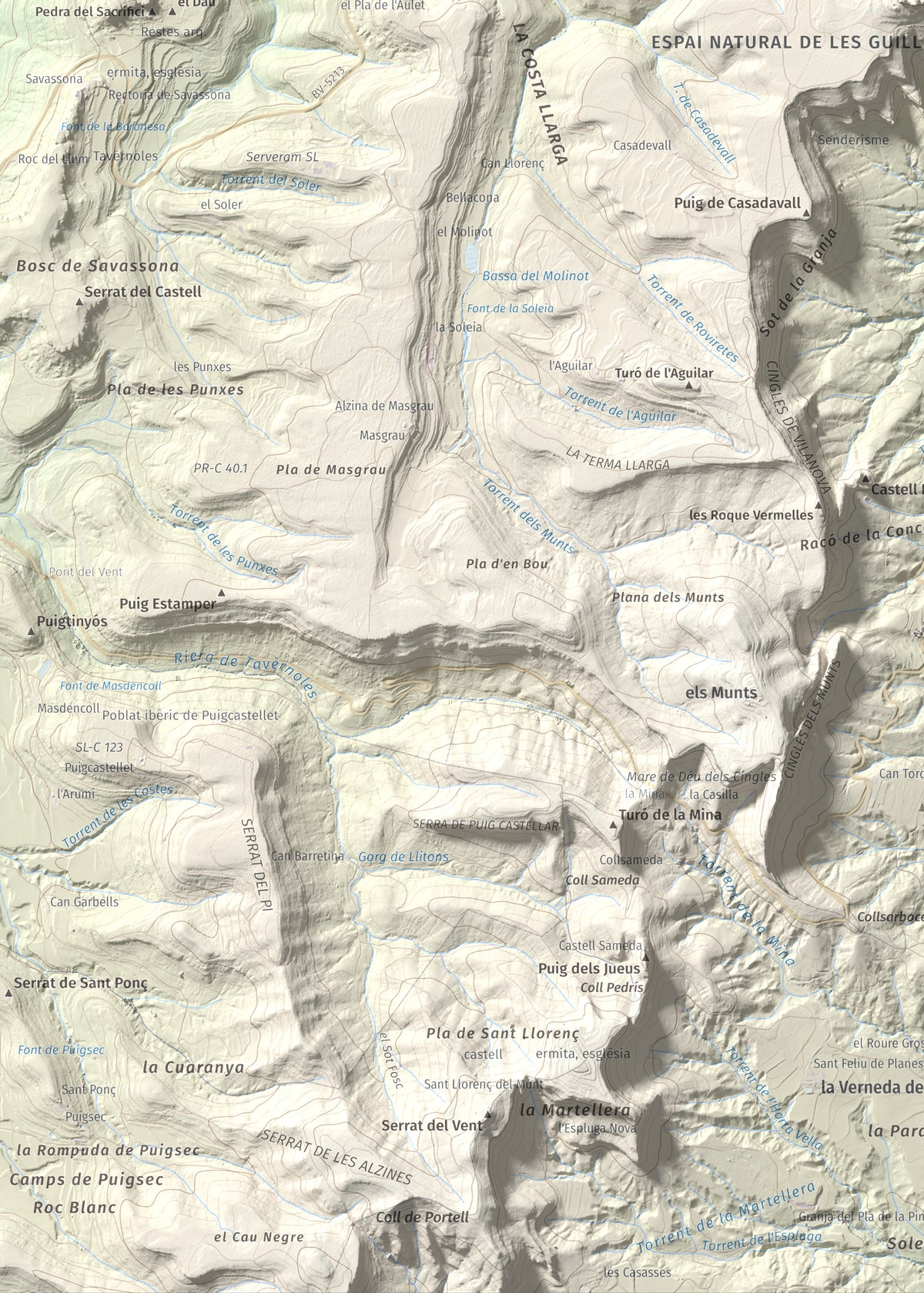 Mapa de relieve de Puig del Far, 832 m, Osona, lámina 100 Cims de Trobart. Detalle de la zona inferior izquierda. 50 × 70 cm.