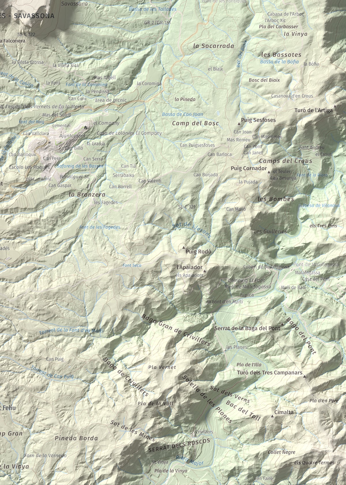 Mapa de relieve de Puig del Far, 832 m, Osona, lámina 100 Cims de Trobart. Detalle de la zona inferior derecha. 50 × 70 cm.