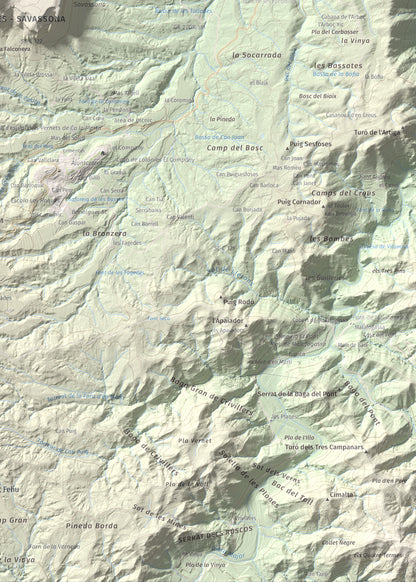Mapa de relieve de Puig del Far, 832 m, Osona, lámina 100 Cims de Trobart. Detalle de la zona inferior derecha. 50 × 70 cm.