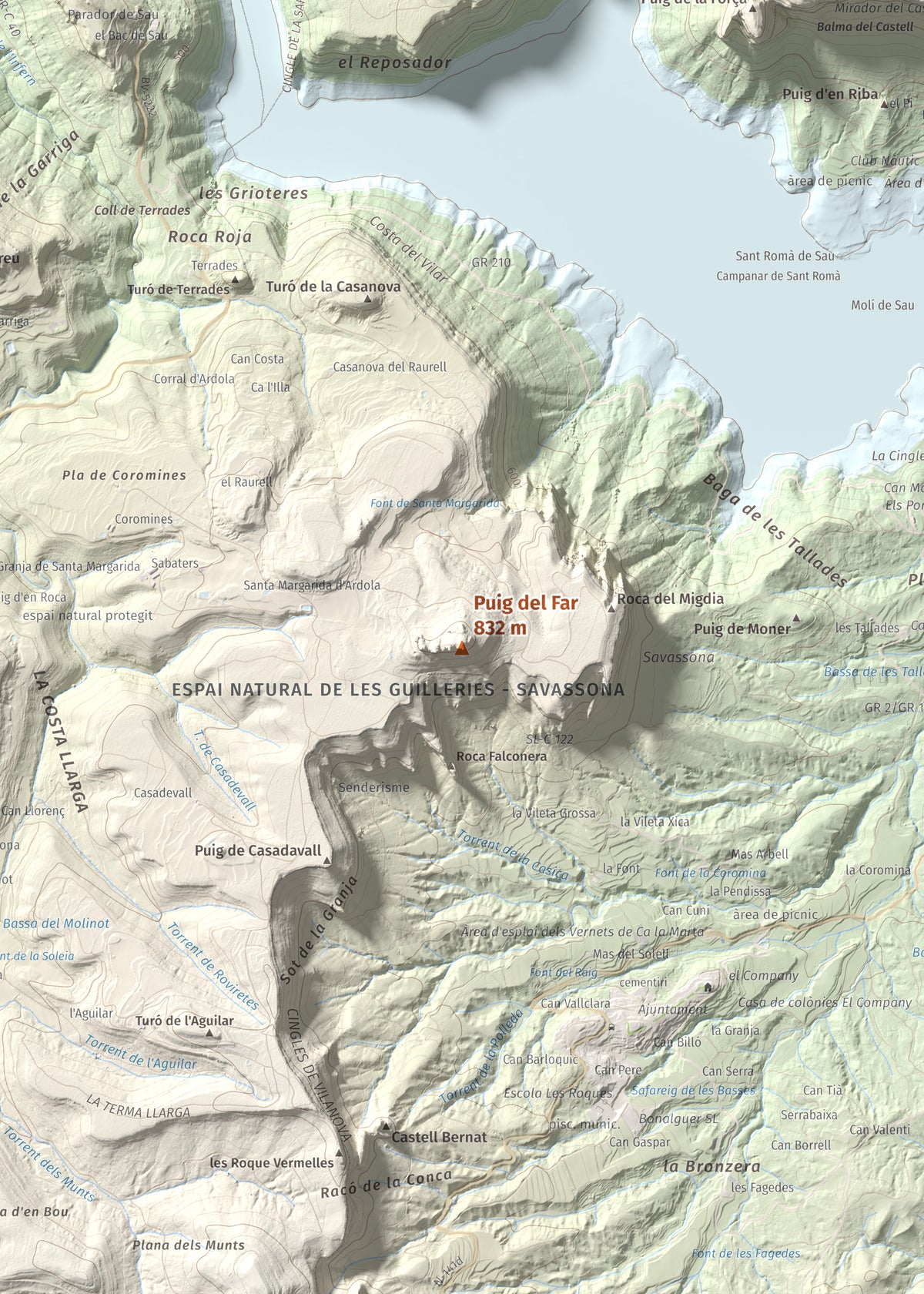 Mapa de relieve de Puig del Far, 832 m, Osona, lámina 100 Cims de Trobart. Detalle de la zona central. 50 × 70 cm.