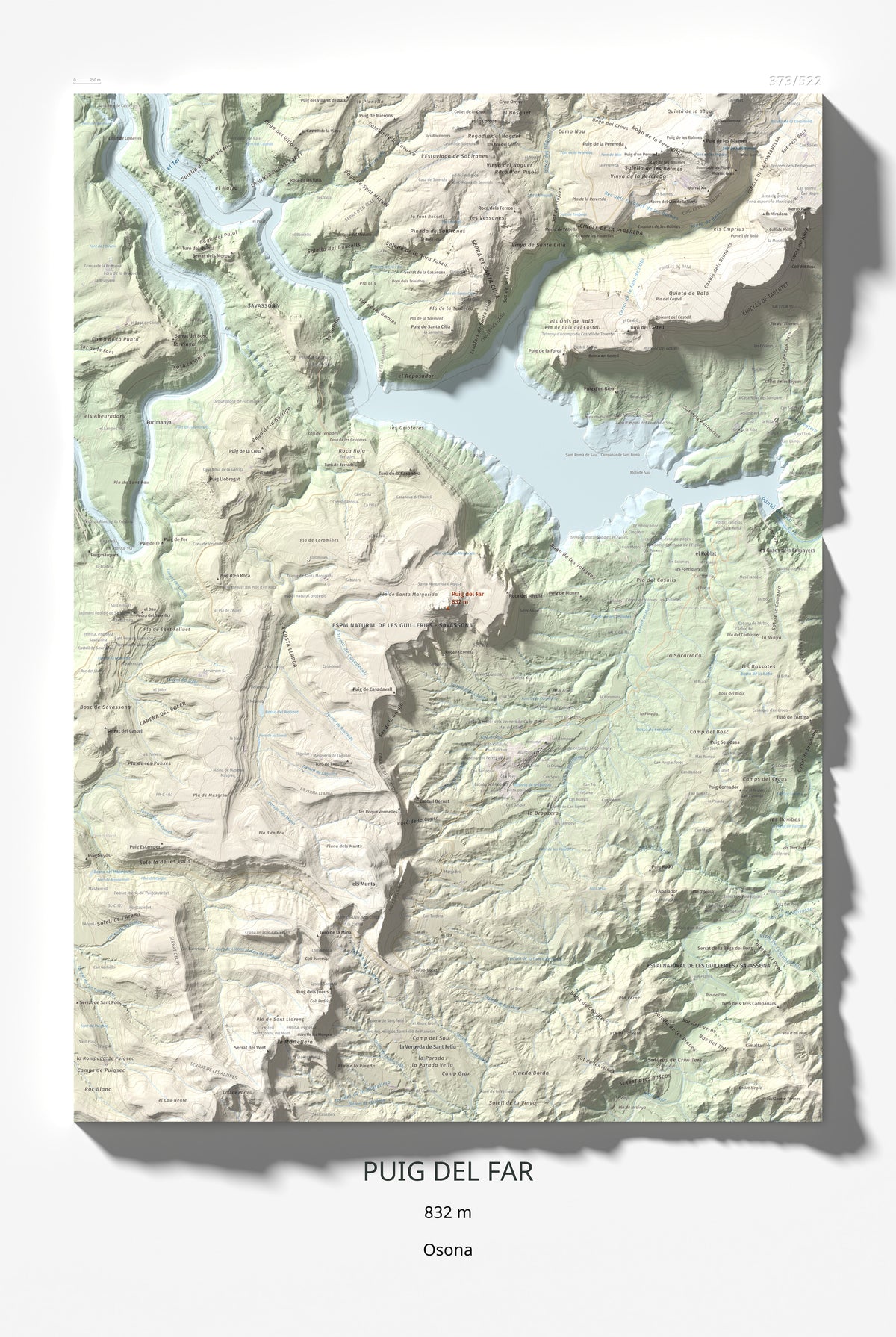 Mapa de relieve de Puig del Far, 832 m, Osona, lámina 100 Cims de Trobart 61 × 91 cm.