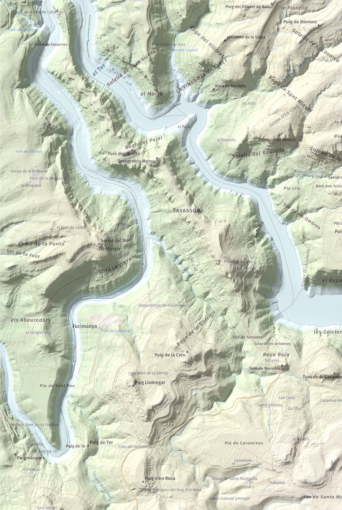 Mapa de relieve de Puig del Far, 832 m, Osona, lámina 100 Cims de Trobart. Detalle de la zona superior izquierda. 61 × 91 cm.