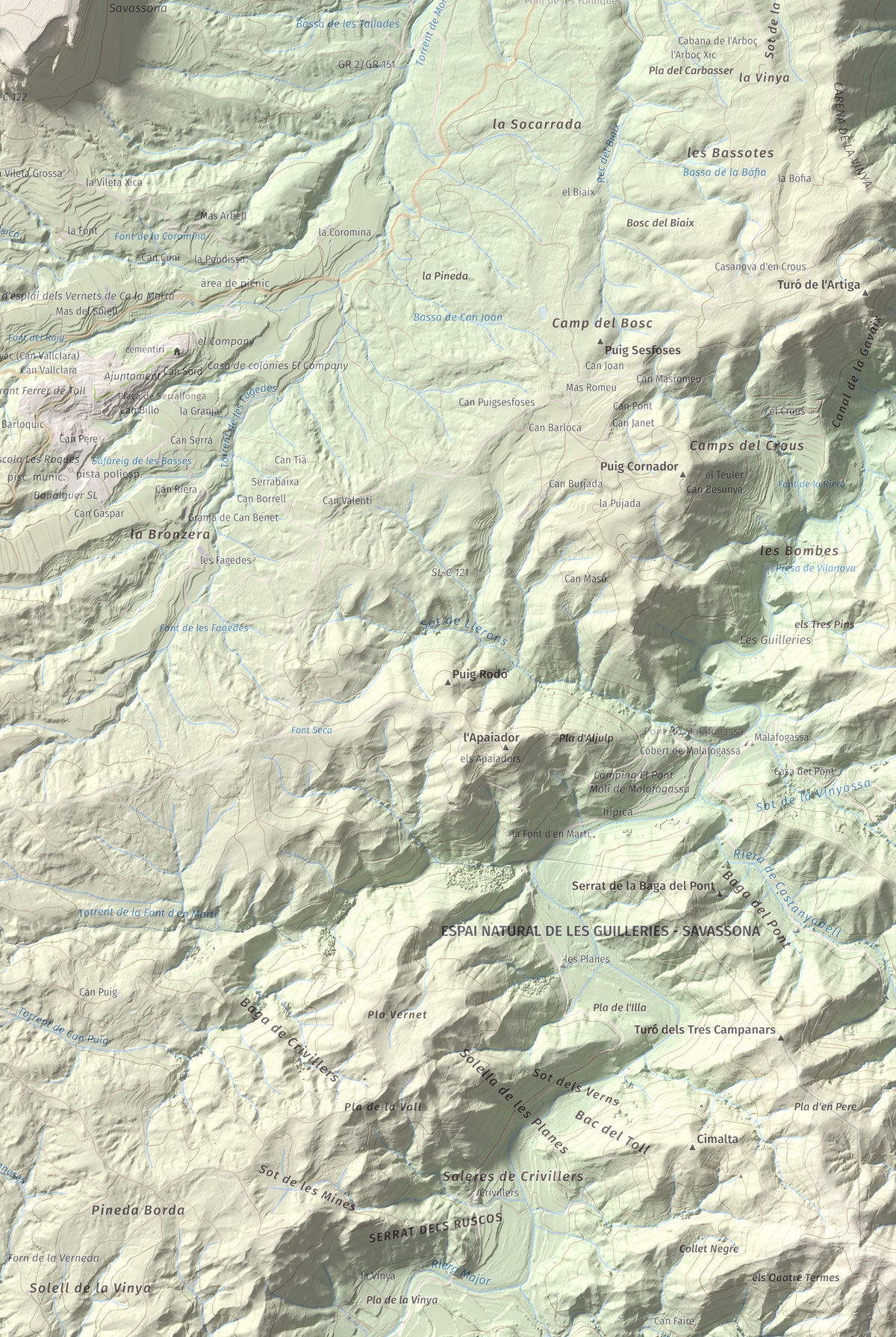 Mapa de relieve de Puig del Far, 832 m, Osona, lámina 100 Cims de Trobart. Detalle de la zona inferior derecha. 61 × 91 cm.