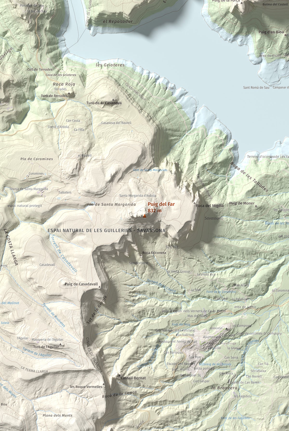 Mapa de relieve de Puig del Far, 832 m, Osona, lámina 100 Cims de Trobart. Detalle de la zona central. 61 × 91 cm.