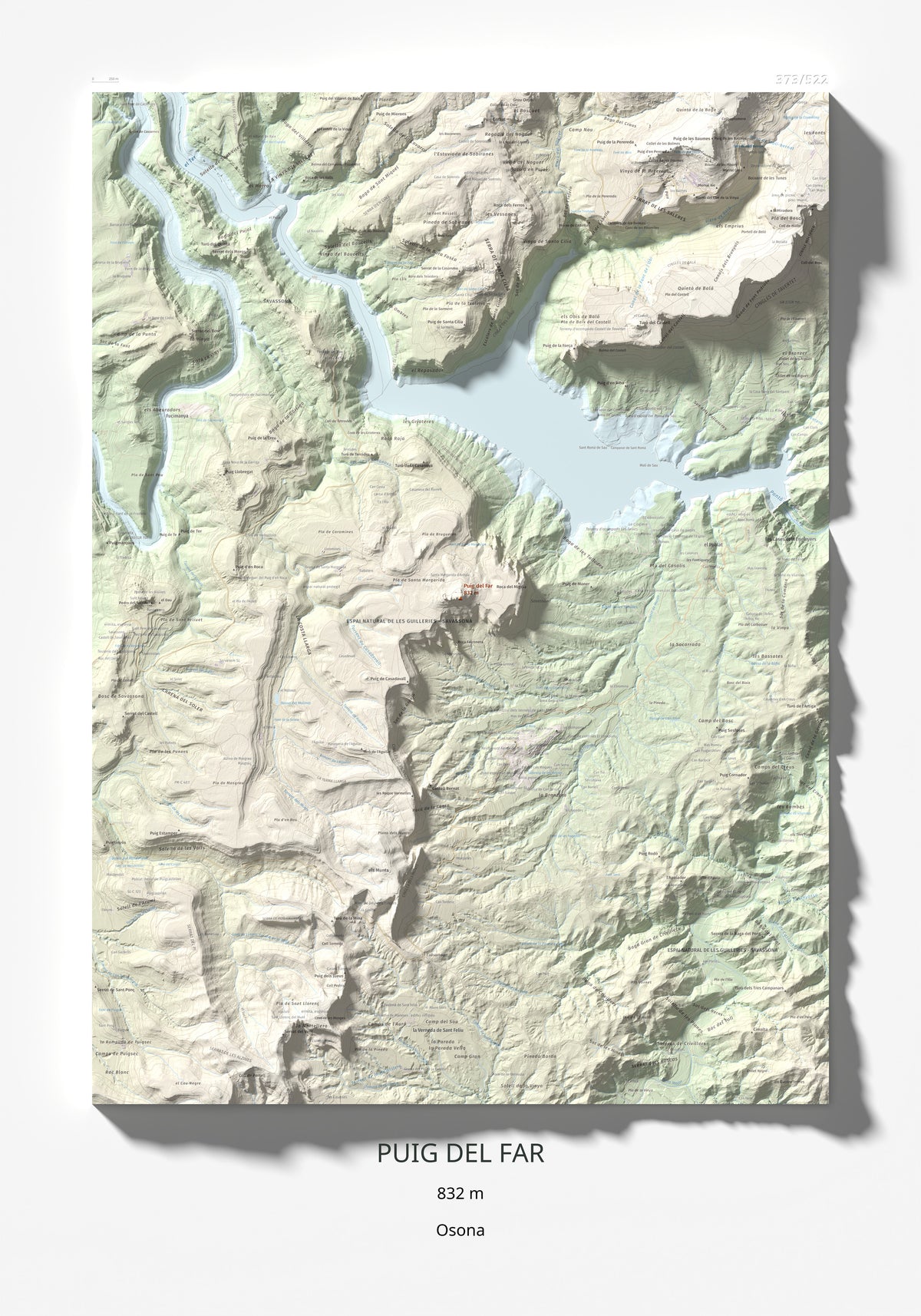 Mapa de relieve de Puig del Far, 832 m, Osona, lámina 100 Cims de Trobart 70 × 100 cm.