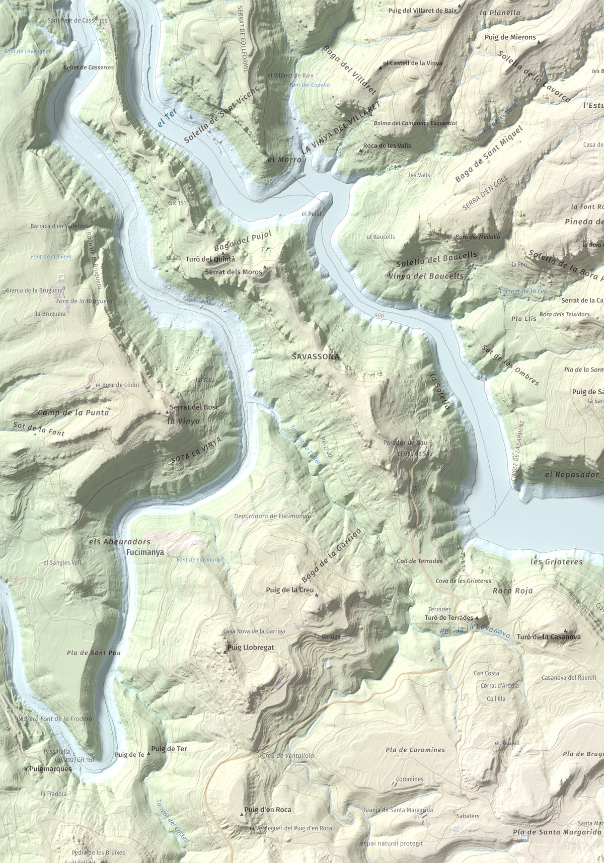 Mapa de relieve de Puig del Far, 832 m, Osona, lámina 100 Cims de Trobart. Detalle de la zona superior izquierda. 70 × 100 cm.