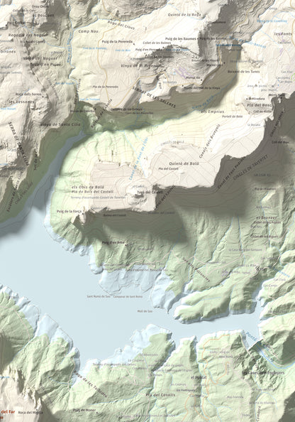 Mapa de relieve de Puig del Far, 832 m, Osona, lámina 100 Cims de Trobart. Detalle de la zona superior derecha. 70 × 100 cm.