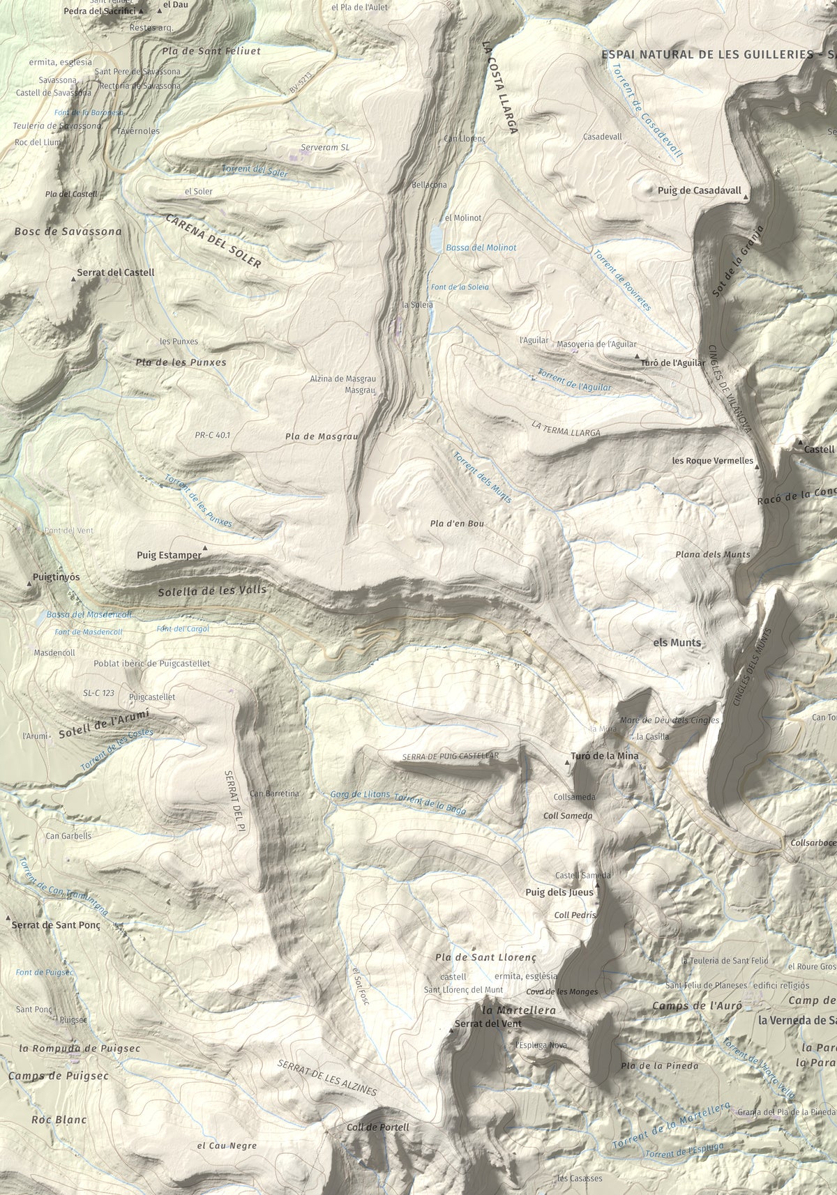 Mapa de relieve de Puig del Far, 832 m, Osona, lámina 100 Cims de Trobart. Detalle de la zona inferior izquierda. 70 × 100 cm.