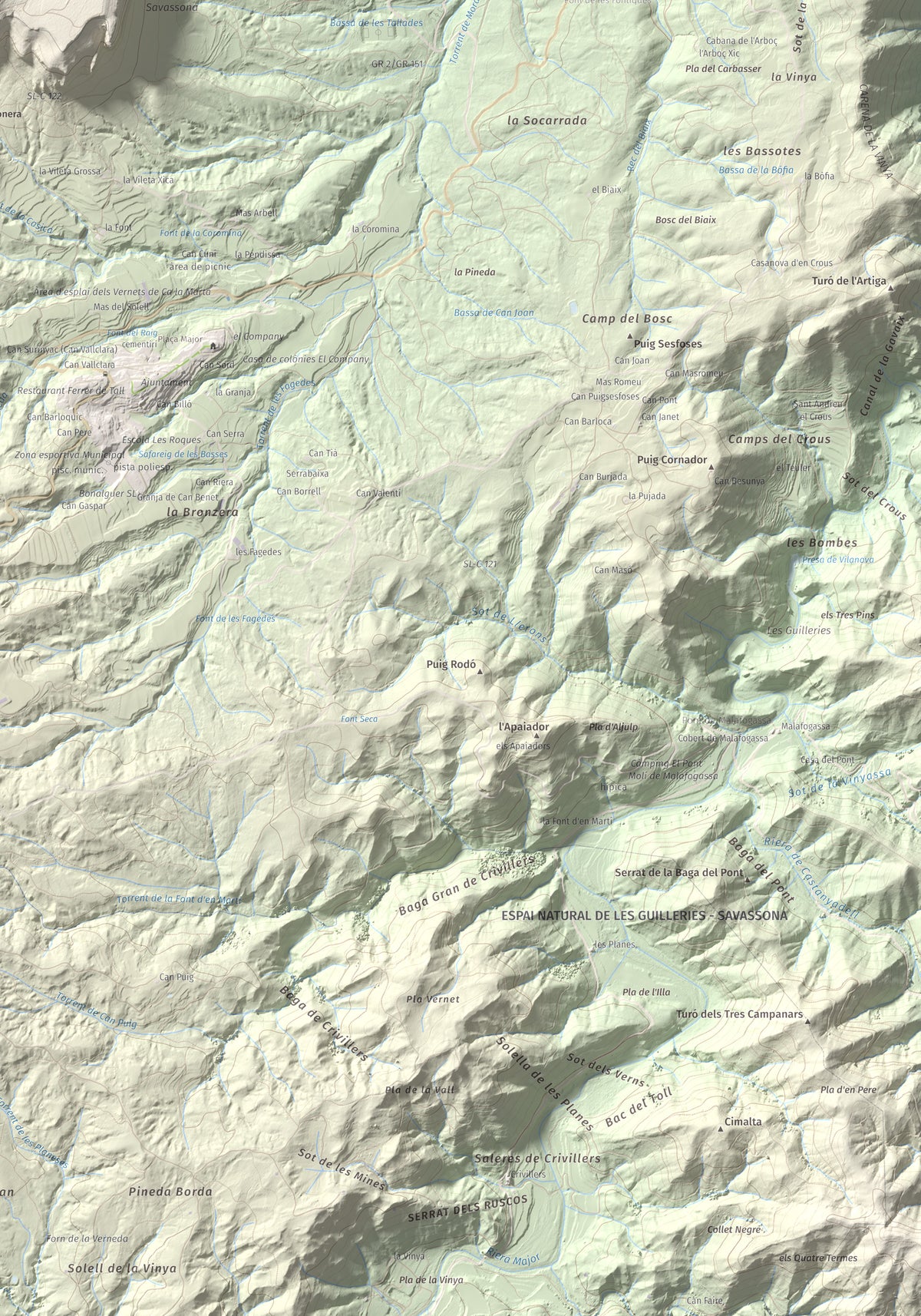 Mapa de relieve de Puig del Far, 832 m, Osona, lámina 100 Cims de Trobart. Detalle de la zona inferior derecha. 70 × 100 cm.