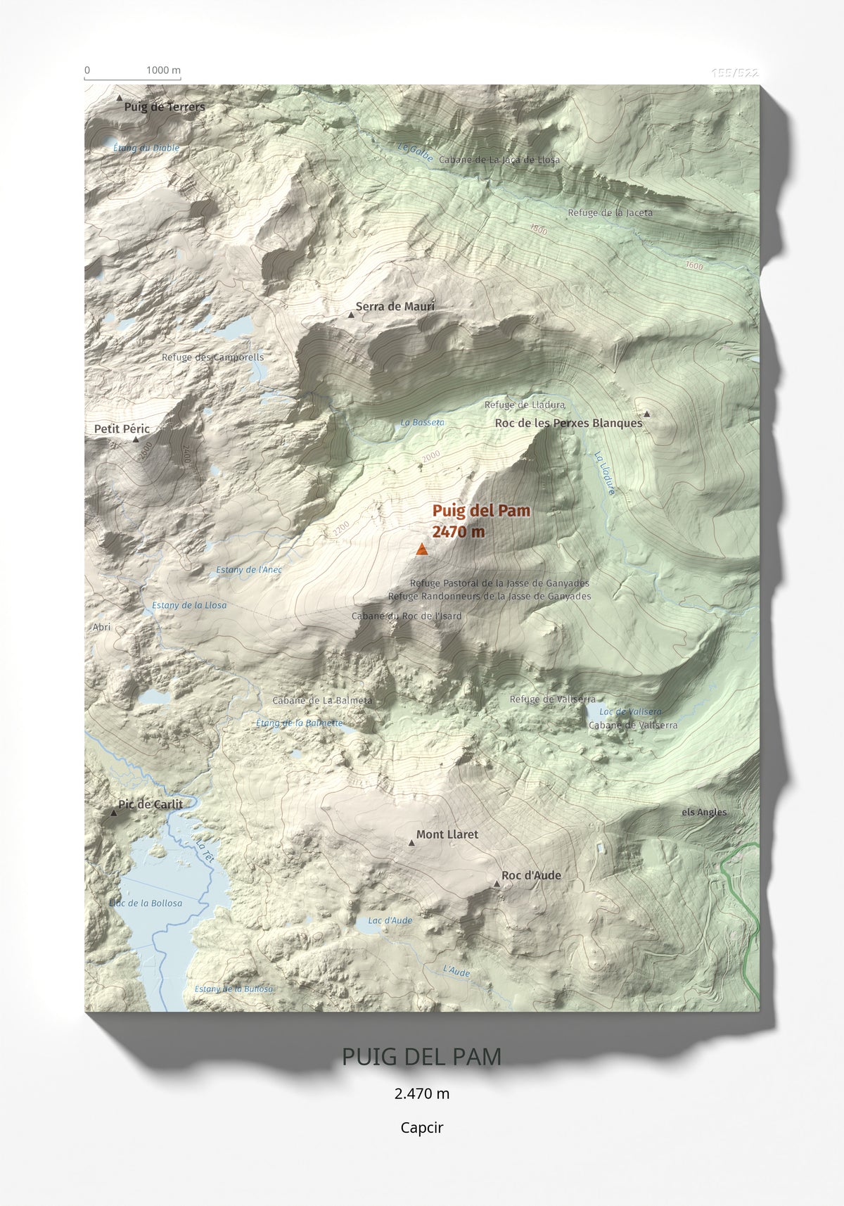 Mapa de relieve de Puig del Pam, 2470 m, Capcir, lámina 100 Cims de Trobart 21 × 30 cm.