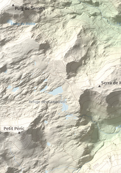 Mapa de relieve de Puig del Pam, 2470 m, Capcir, lámina 100 Cims de Trobart. Detalle de la zona superior izquierda. 21 × 30 cm.