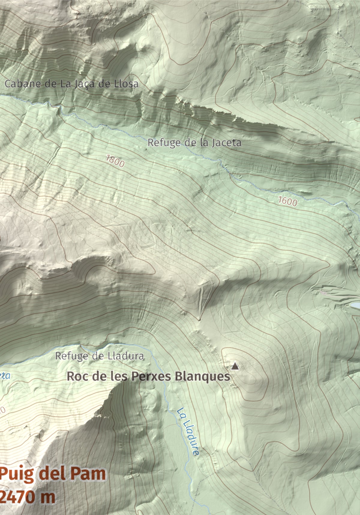 Mapa de relieve de Puig del Pam, 2470 m, Capcir, lámina 100 Cims de Trobart. Detalle de la zona superior derecha. 21 × 30 cm.
