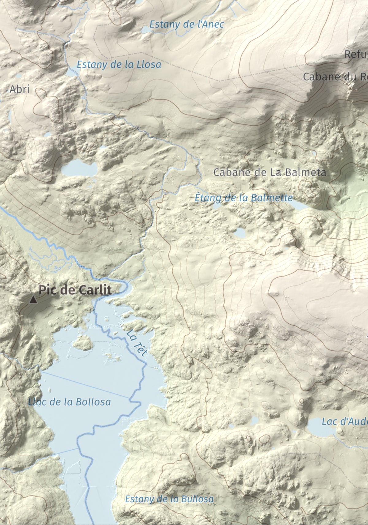 Mapa de relieve de Puig del Pam, 2470 m, Capcir, lámina 100 Cims de Trobart. Detalle de la zona inferior izquierda. 21 × 30 cm.